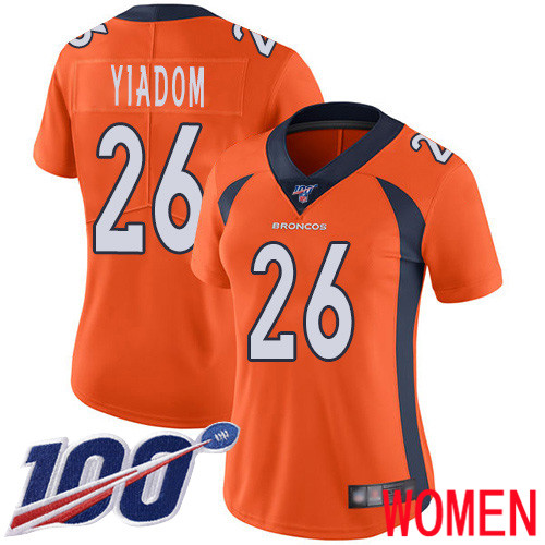 Women Denver Broncos #26 Isaac Yiadom Orange Team Color Vapor Untouchable Limited Player 100th Season Football NFL Jersey->women nfl jersey->Women Jersey